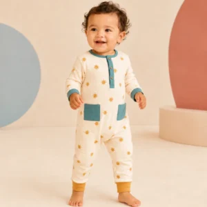 Demonstration baby romper in cream and teal.