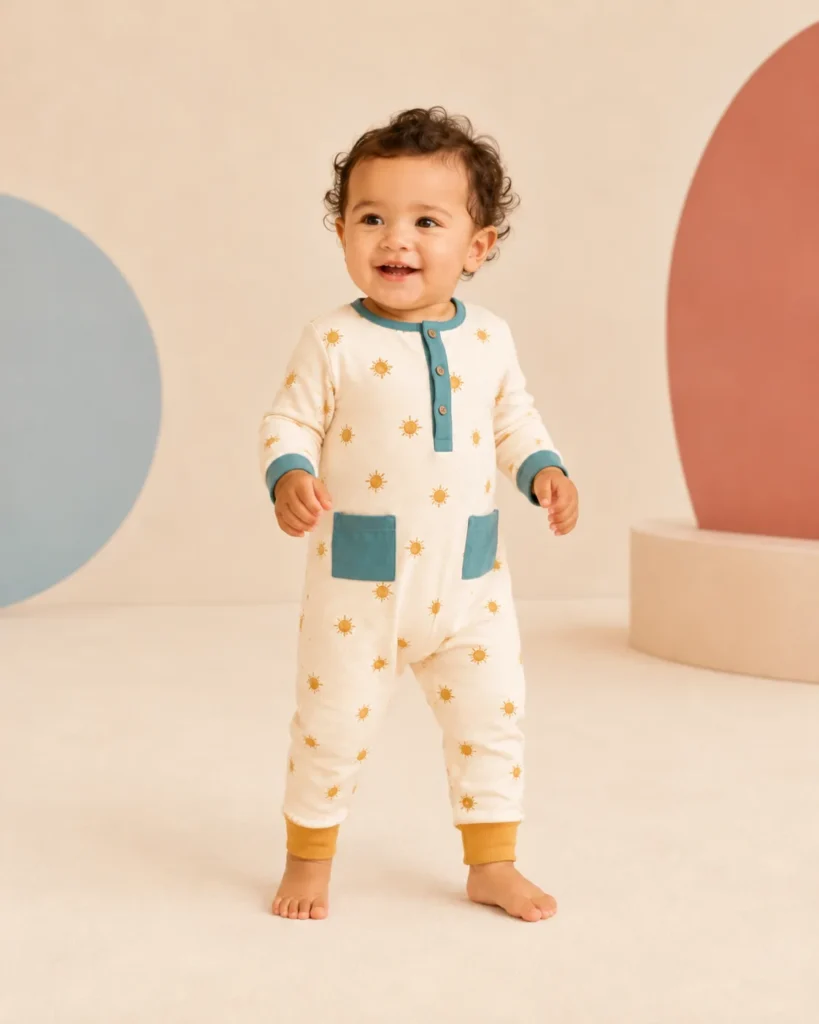 Demonstration baby romper in cream and teal.
