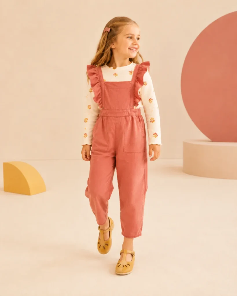 Demonstration kidswear pinafore in berry.