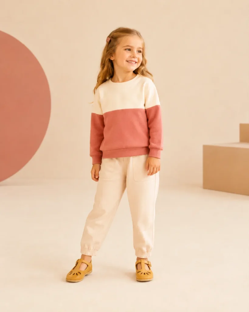 Demonstration kidswear sweatshirt in cream and coral.