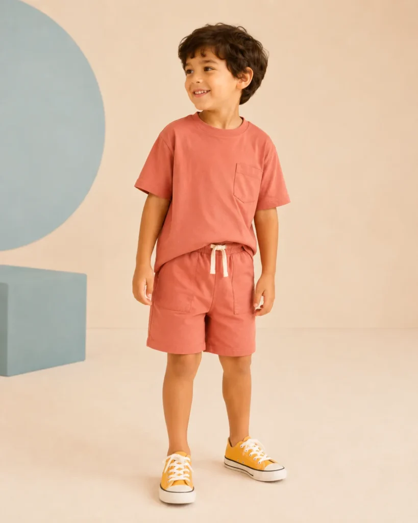 Demonstration kidswear outfit in brick red.