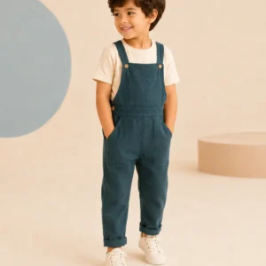 Demonstration kidswear dungaree in deep teal.