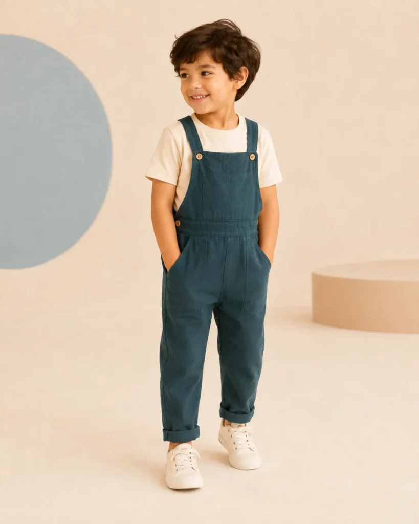 Demonstration kidswear dungaree in deep teal.