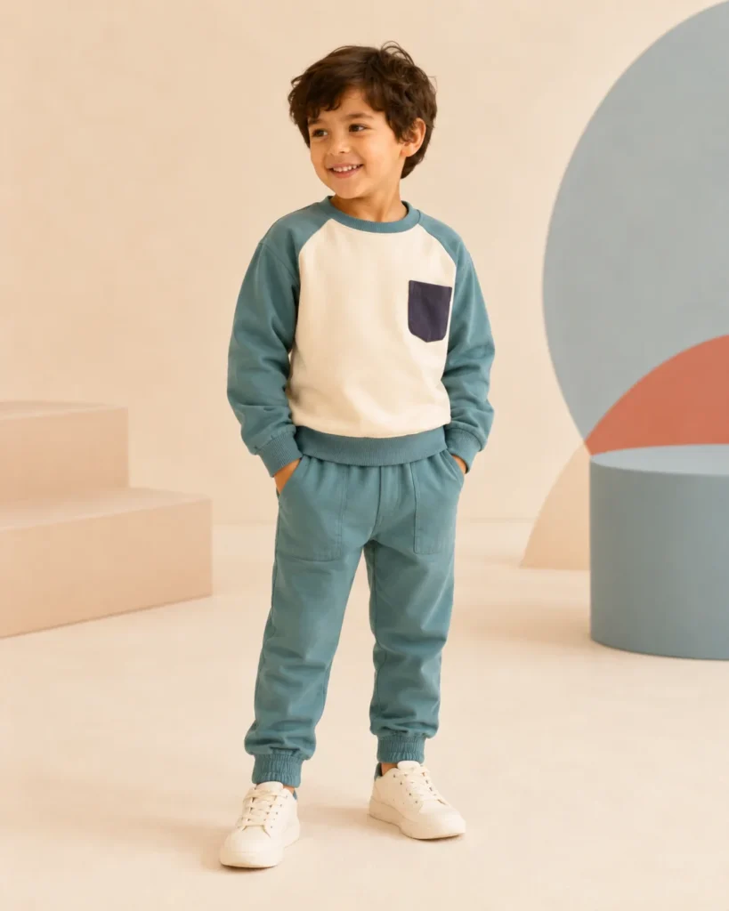 Demonstration kidswear joggers in teal.