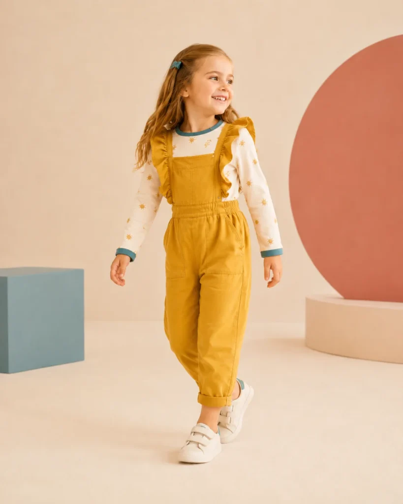 Demonstration kidswear dungaree set in marigold.
