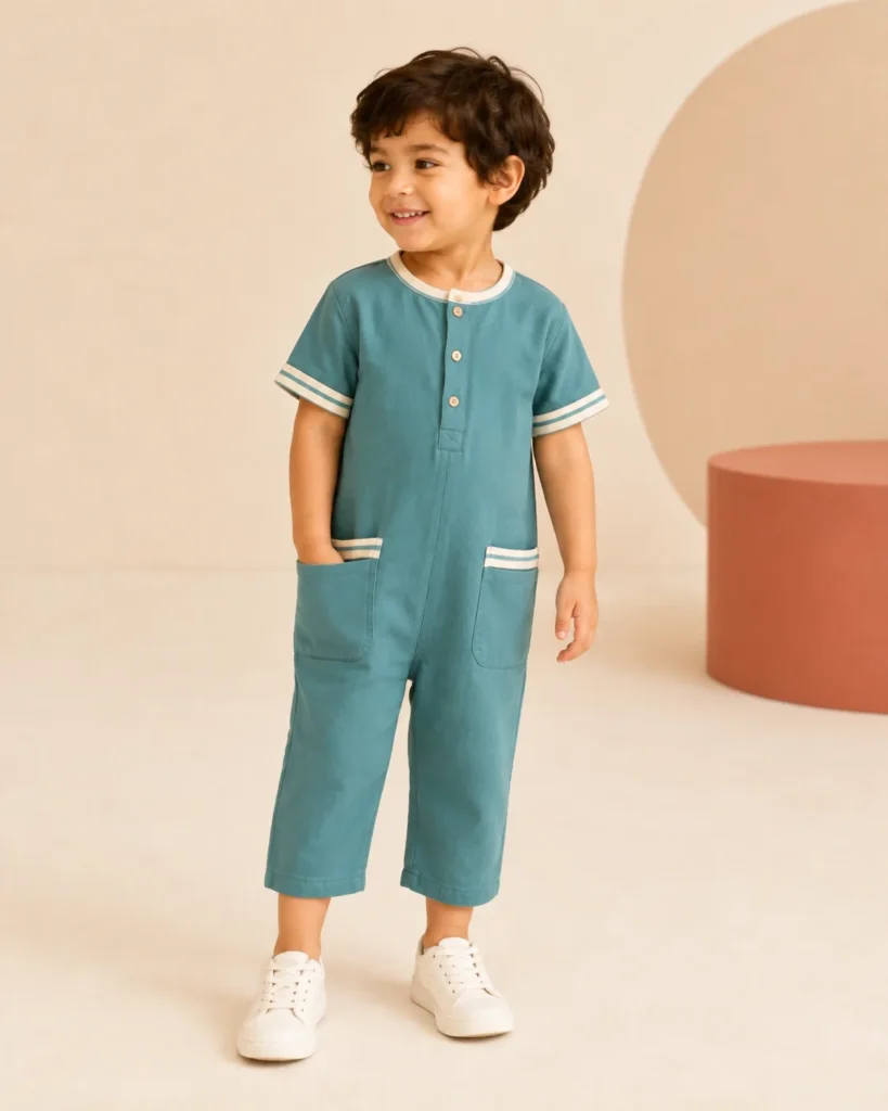 Demonstration baby playsuit in teal.