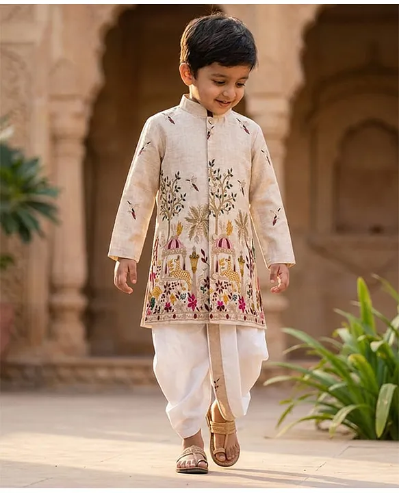 Ridokidz Cotton Woven Full Sleeves Kurta & Dhoti Set With Floral Embroidery - Cream