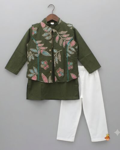 Olive Green Nehru Jacket Kurta Set with White Pants